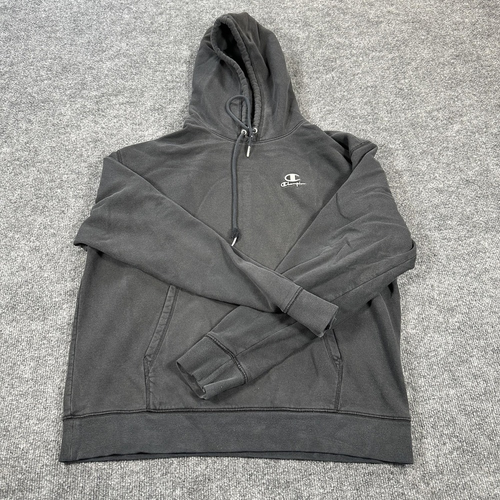 Champion Hoodie Mens Large Black Classic Fleece Pullover Sweatshirt Small Logo